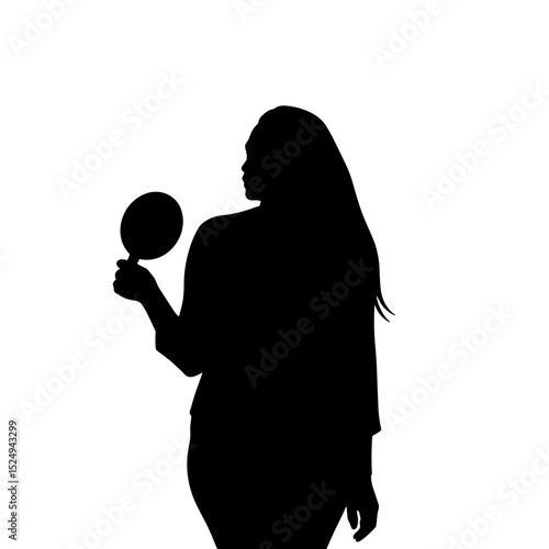 Woman silhouette holding hand mirror. Elegant female figure looking at reflection in compact mirror. Silhouette concept ideal for beauty salon advertising, fashion magazine cover, or website design.
