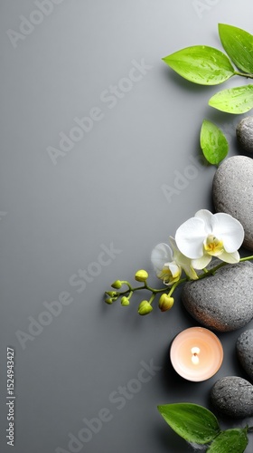Spa Relaxation Setup With Stones, Orchids, and Candle in Serene Environment.