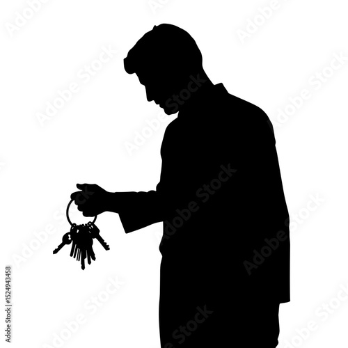Man silhouette holding bunch of keys.  Detailed silhouette of person inspecting keys.  Image of man with keys perfect for real estate concept.