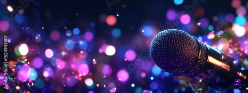 Vintage Microphone With Colorful Lights in the Background During a Live Music...