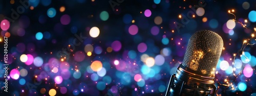 Colorful Bokeh Background With a Microphone Ready for a Live Performance at a...