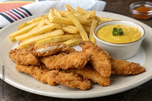 Crispy chicken tenders with french fries and mustard