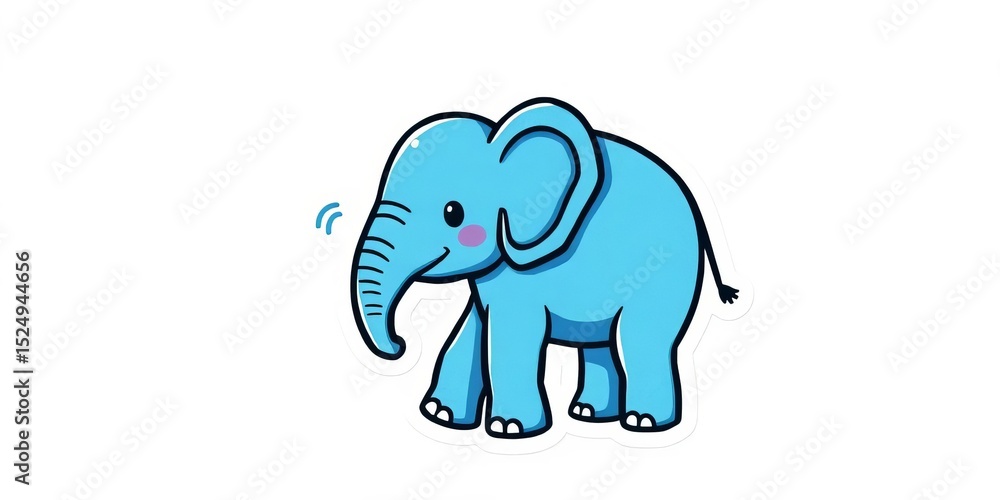 Fototapeta premium Cute blue elephant sticker, simple thick black lines, solid white background , toddler, elephant sticker