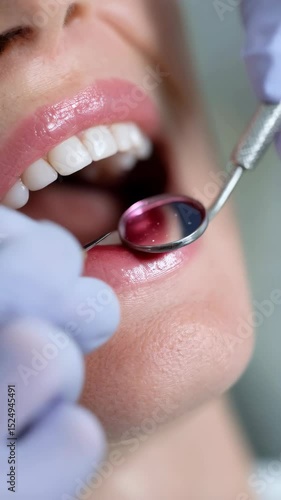 Female patient's mouth with dental mirror checkup in a dental office during a checkup, showcasing teeth and gums, with healthy smile.