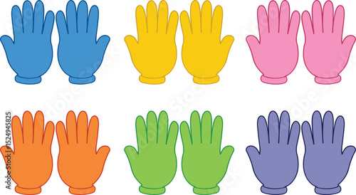 Isolated Vector Set of Rubber Cleaning Gloves for Household and Medical Illustrations. Blue, Yellow, Pink, Green Glove Designs for Hygiene and Safety