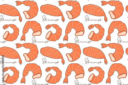 Seamless Shrimps pattern. Hand drawn lineart peeled shrimps vector illustration and hand written inscription. Repeated background for textile, wallpaper, packaging. Japanese food menu. Seafood.