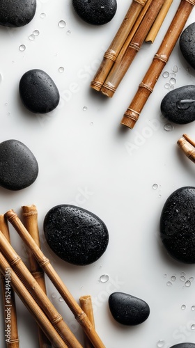 Natural Elements Arranged With Bamboo and Smooth Stones for Relaxation and We...