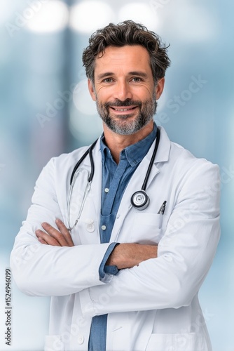 Doctor in White Coat Smiles Confidently in a Modern Clinic Setting During Day...