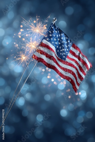 Celebration of Independence With American Flag and Fireworks at Night.