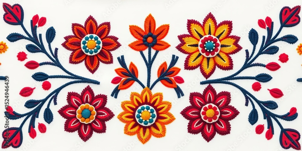 Intricate embroidered ikat floral pattern in Aztec tribal style, white background, textile, geometric Intricate embroidered ikat floral pattern in Aztec tribal style, white background, textile, geometric