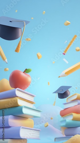 Celebration of Learning With Graduation Caps and Books in Educational Environ...