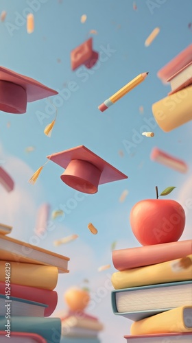 Celebration of Learning With Graduation Caps and Books in Educational Environ...