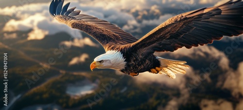 Majestic Eagle Soaring Above Mountains During Sunset With Clouds in the Backg...