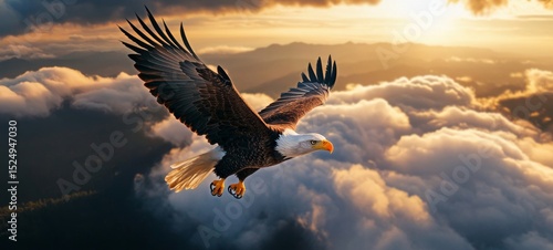 Majestic Eagle Soaring Above Mountains During Sunset With Clouds in the Backg...