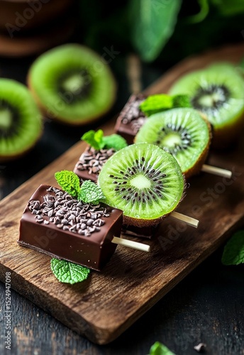 Delicious Chocolate and Kiwi Dessert Skewers on a Wooden Board With Mint Garnish