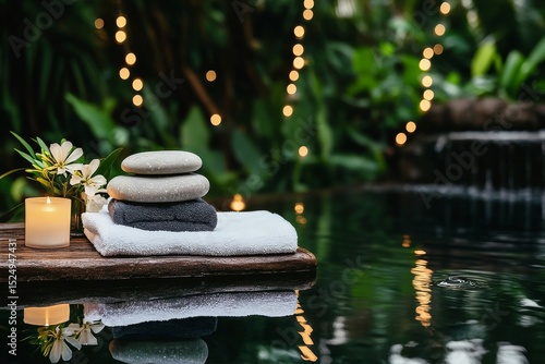 Relaxation Area With Spa Stones and Candles by Tranquil Water in a Lush Garde...