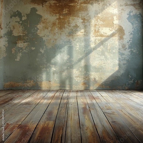 Sunlit, dilapidated room with peeling paint and aged wooden floor