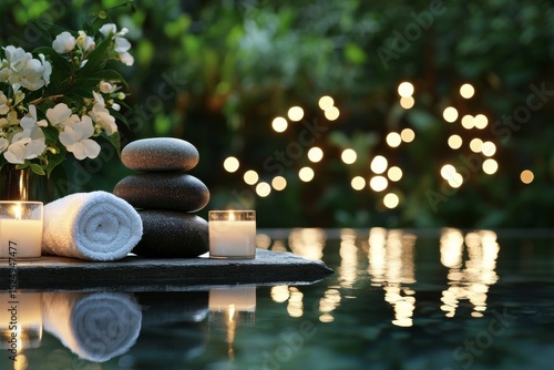 Relaxation Area With Spa Stones and Candles by Tranquil Water in a Lush Garde...
