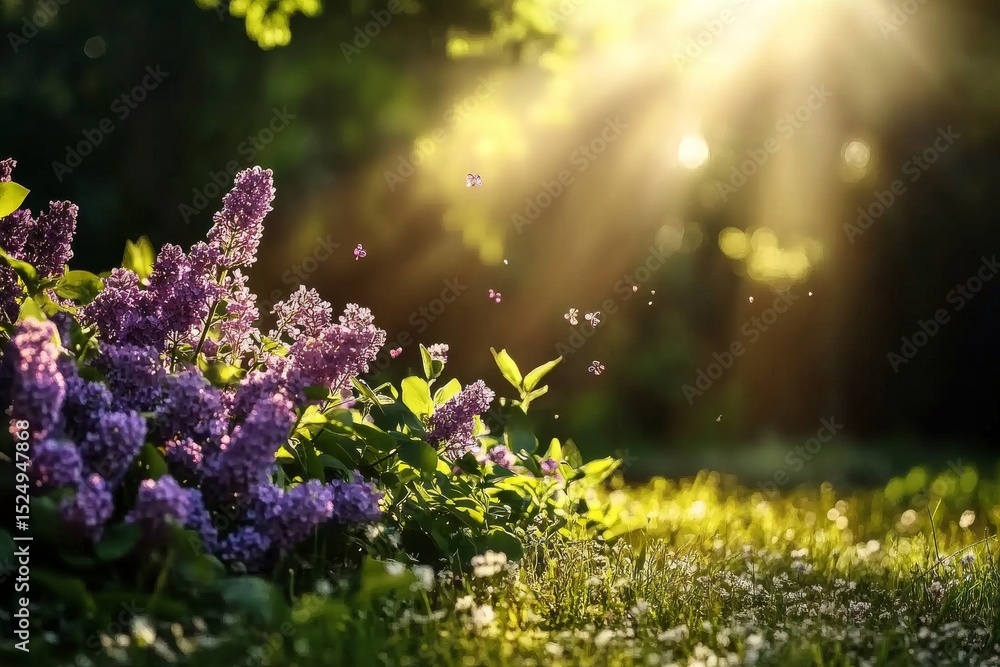 Obraz premium Wildflowers Bloom Under Golden Sunlight in a Serene Forest Setting During the Early Evening Hours.