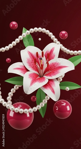 Vibrant Stargazer Lily with Elegant Pearl Accents and Rich Burgundy Swirls on a Black Background, Ideal for Artistic T-Shirt Design, Floral Fashion, and Luxurious Apparel Prints