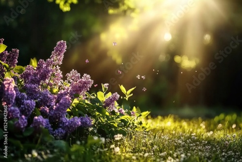 Wildflowers Bloom Under Golden Sunlight in a Serene Forest Setting During the...