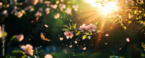 Beautiful Butterfly Lands on Pink Blossoms in a Sunlit Garden During Springtime.