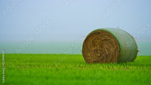 Hay bale in a green field captures farm landscape and rural agricultural setting