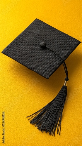 Graduation Cap Resting on Bright Yellow Background for Celebration of Academi...