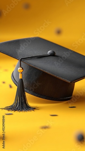 Graduation Cap Resting on Bright Yellow Background for Celebration of Academi...