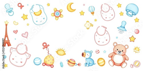 Adorable nursery illustrations featuring bibs, pacifiers, toys, and hand-drawn elements,  bundle,  resource