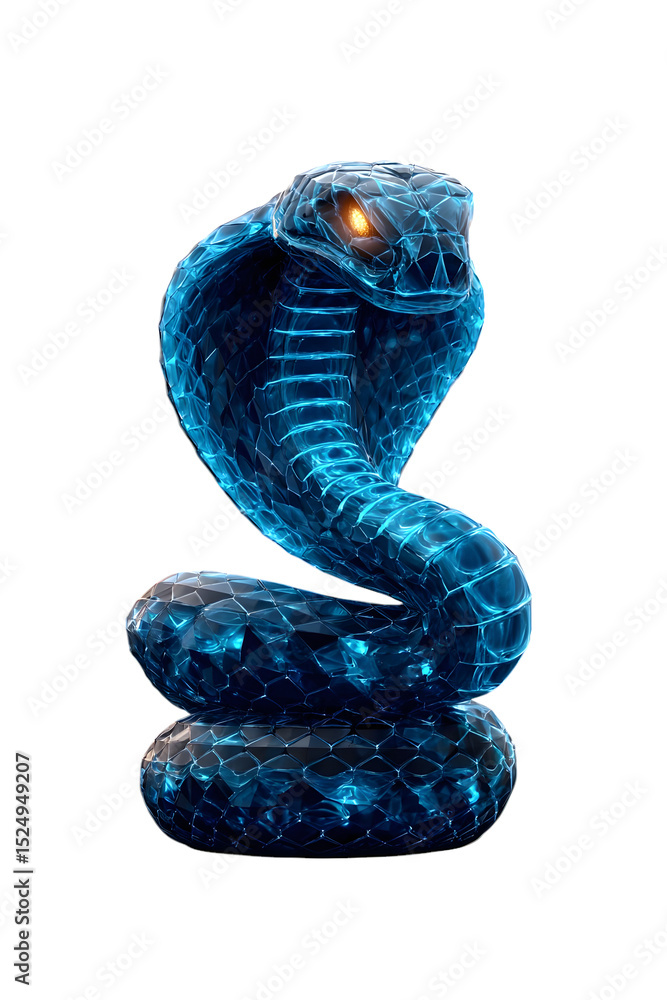 Fototapeta premium A crystAl cobrA in AttAck pose, flAred hood, glowing eyes, Action motion, trAnspArent PNG style