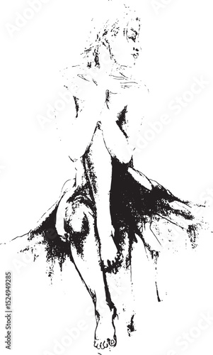 black and white ink sketch of a seated female nude, rendered with expressive strokes, capturing a thoughtful and introspective pose