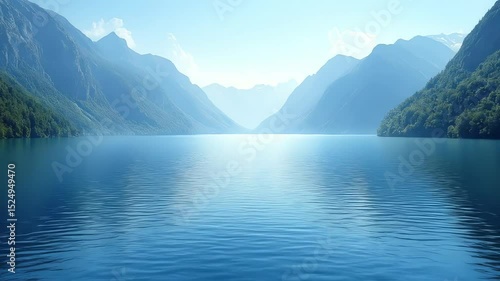 Mountainsurrounded lake blue water with gentle ripples clear bright sky
