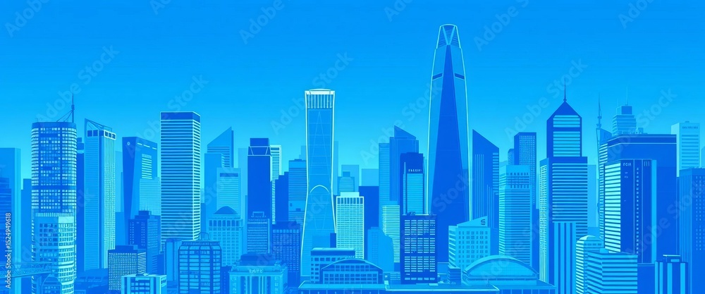 Naklejka premium Blue-toned cityscape vector illustration featuring modern skyscrapers and tall buildings in a dense urban business district, building facades, high