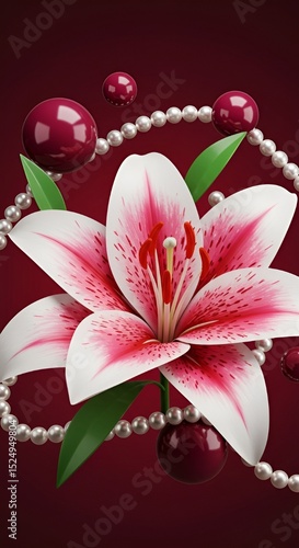 Vibrant Stargazer Lily with Elegant Pearl Accents and Rich Burgundy Swirls on a Black Background, Ideal for Artistic T-Shirt Design, Floral Fashion, and Luxurious Apparel Prints