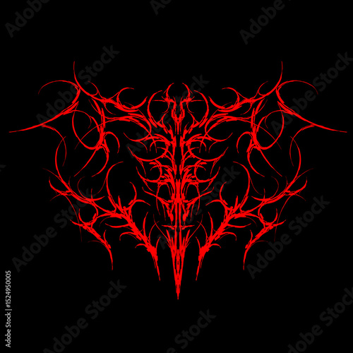 Neo tribal vector design featuring a demonic symmetrical shape in sharp red lines. Perfect for dark prints, metal logos, tattoos, or alternative fashion