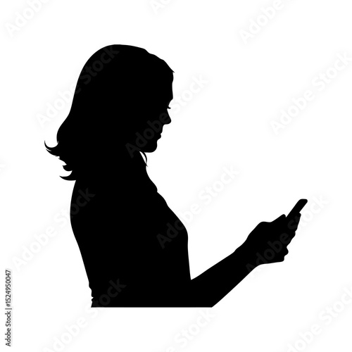 Black vector silhouette of a businesswoman standing with a cell phone  in profile, illustrating the beauty of silhouette icon on white background