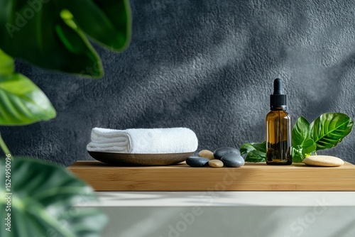Relaxing Spa Setup With Towel, Stones, and Essential Oil Bottle in Serene Ind...