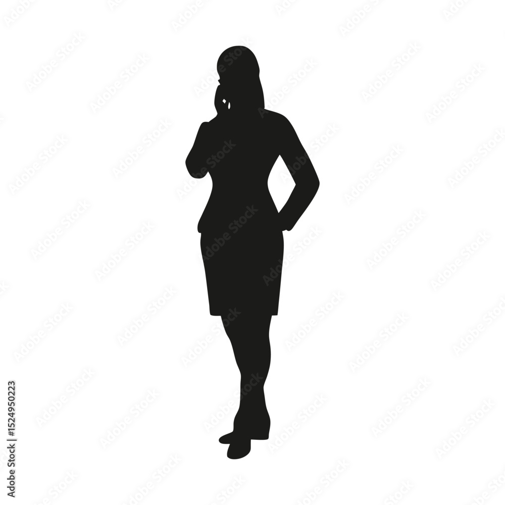 Fototapeta premium Silhouette of a young woman in a black dress, a standing fashion model figure talking with cell phone icon on white background