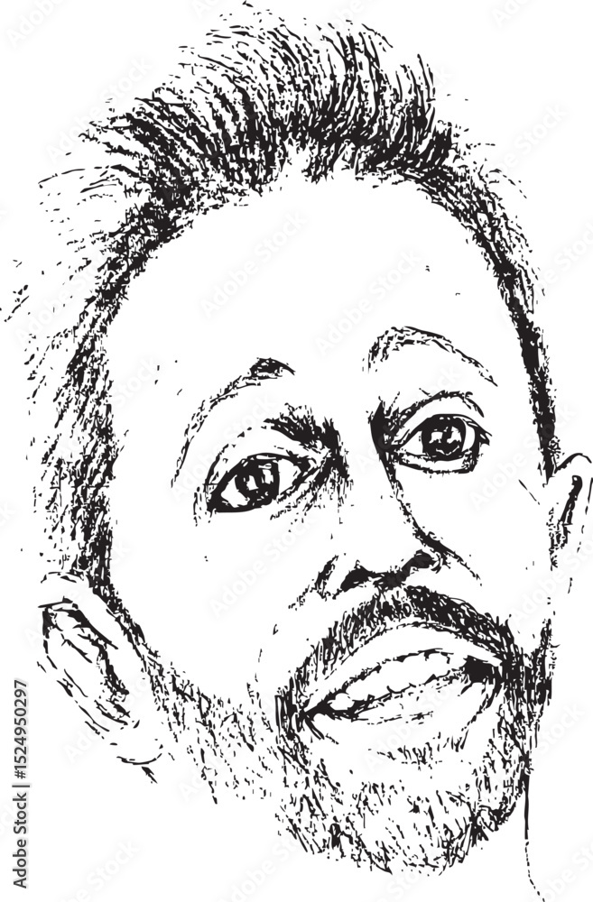 Obraz premium black and white ink vector portrait of a bearded man with an expressive smile, rendered with a raw and textured artistic style.