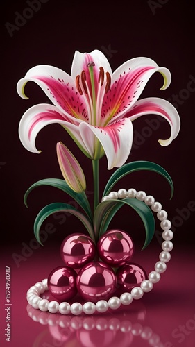 Vibrant Stargazer Lily with Elegant Pearl Accents and Rich Burgundy Swirls on a Black Background, Ideal for Artistic T-Shirt Design, Floral Fashion, and Luxurious Apparel Prints
