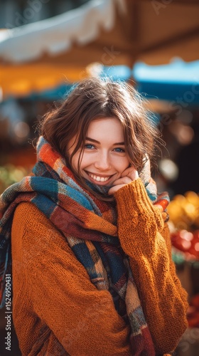 Enjoying the Vibrant Atmosphere at a Market During Autumn With a Warm Smile