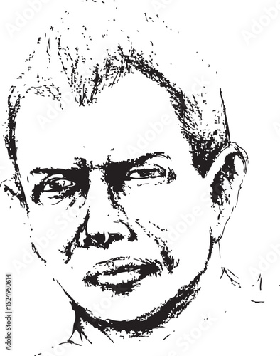 black and white ink vector portrait of a man's face looking directly forward, rendered with a raw and textured artistic style, conveying a serious or thoughtful expression.