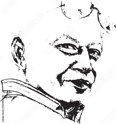 black and white ink vector portrait of a mature man's face with glasses on his head, rendered with a raw and textured artistic style, conveying a thoughtful expression