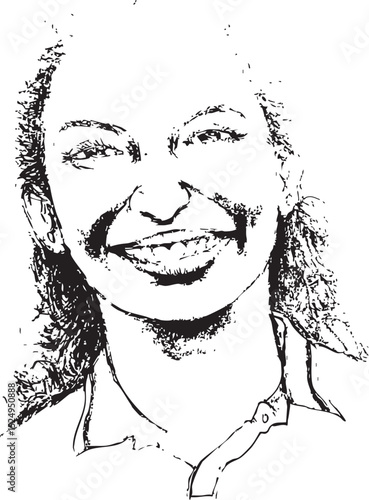 black and white ink vector portrait of a woman's face captured in a wide, expressive smile, rendered with a textured artistic style