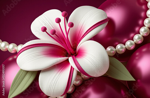 Vibrant Stargazer Lily with Elegant Pearl Accents and Rich Burgundy Swirls on a Black Background, Ideal for Artistic T-Shirt Design, Floral Fashion, and Luxurious Apparel Prints