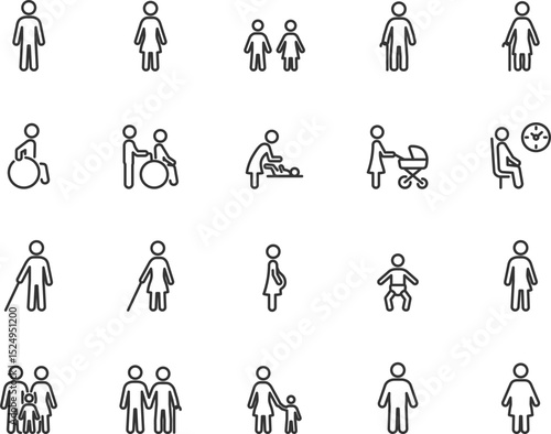 Vector set of people line icons. Contains icons man, woman, boy, girl, baby, elderly, disabled, blind, pregnant and more. Navigation, medical, gender signs.