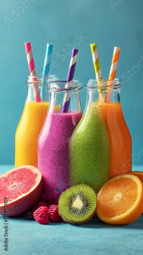Refreshing Fruit Smoothies in Colorful Bottles With Fresh Fruits on Display.