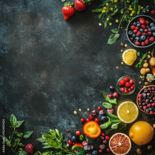 Wallpaper Mural Vibrant assortment of fresh berries, citrus fruits, and herbs arranged on a dark background, leaving ample space in the center Torontodigital.ca