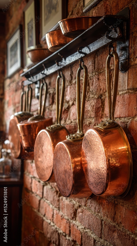 Naklejka premium Copper Cookware Mounted on a Brick Wall in a Rustic Kitchen Setting.